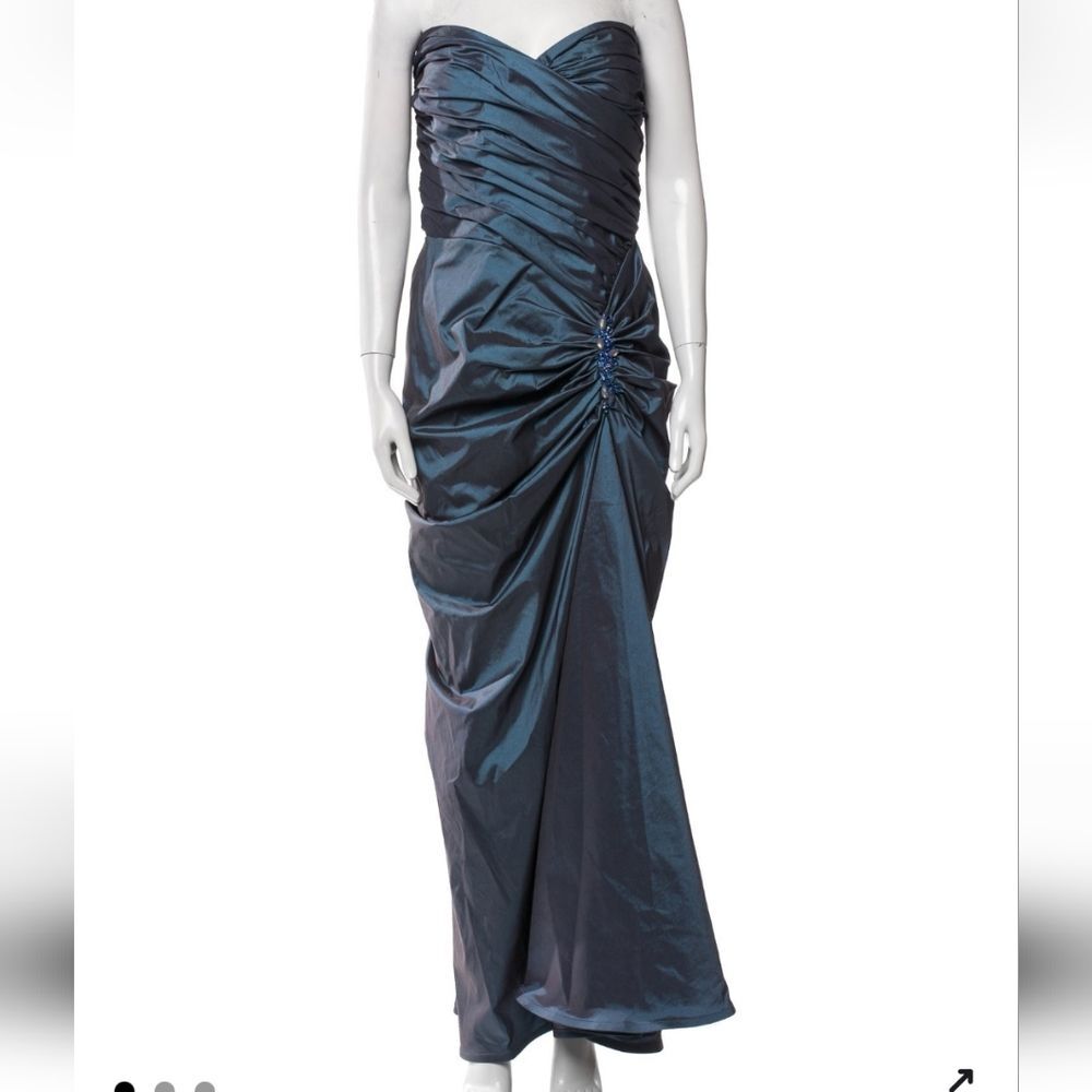 Tadashi Shoji Blue Strapless Ruched Beaded Evening Gown Floor Length Dress